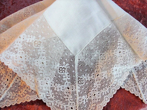 ANTIQUE French BRIDAL WEDDING Handkerchief Fine Linen Wide Gorgeous Lace Hankie Special Bridal Hanky Collectible Hankies