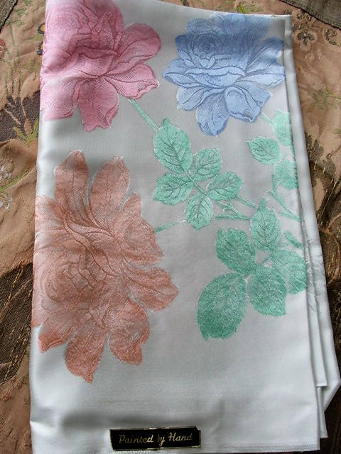 GORGEOUS Vintage HANDPAINTED Roses Damask Tablecloth Never Used Perfect Bridal Shower Wedding Housewarming or Birthday Gift  Vintage Linens