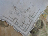 30s Vintage MADEIRA Hand Embroidered Hankie,Wedding Handkerchief,White Work Embroidery BUTTERFLY,Bridal Bridesmaid Hanky,Collectible Hankies