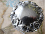 GORGEOUS Repousse Art Nouveau Flowers Antique Silver and Glass Vanity Jar Dresser Cosmetic Container Decorative Boudoir Collectible