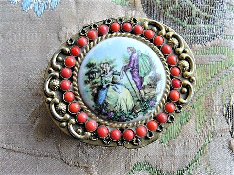 LOVELY Vintage Porcelain Top Gilt Metal Pill Box Trinket Box Romantic Watteau Style Couple Surronded By Coral Glass Beads Engraved Box
