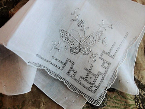 1930s Vintage MADEIRA Hand Embroidered Hankie Handkerchief White Work Embroidery BUTTERFLY Wedding Bridal Bridesmaids Special Hanky