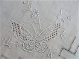 30s Vintage MADEIRA Hand Embroidered Hankie,Wedding Handkerchief,White Work Embroidery BUTTERFLY,Bridal Bridesmaid Hanky,Collectible Hankies