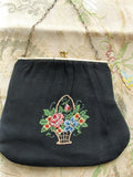 LOVELY Antique Petit Point Purse, Colorful Basket of Roses Flowers Handbag,Evening Bag,Collectible Vintage Evening Purses Boudoir Decor