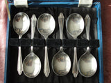 ELEGANT Antique Silver Plate Engraved Dessert Spoons and Serving Spoon Boxed Set, Bright Cut Engraved Collectible Silverware Silver Flatware