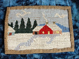 Antique GRENFELL Canada Hand Made PRIMITIVE Hooked Rug Miniature Mat Colorful Snow Cabin Scene, Charming Farmhouse Decor,Vintage Hooked Mats
