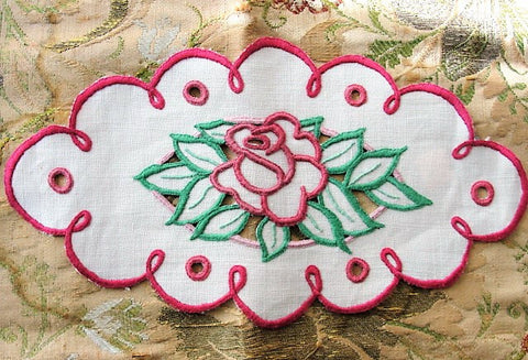 ANTIQUE French country Hand Embroidered Linen Doily Centerpiece Natural Heavy Linen Cheery Embroidery Work, Farm House Decor,French Linens