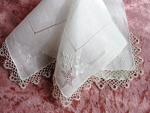 Breathtaking BRIDAL Antique Hanky,Applique Hand Drawnthread Work, Tatted Tatting Lace Hankie WEDDING HANDKERCHIEF Bridal Hanky Hankies