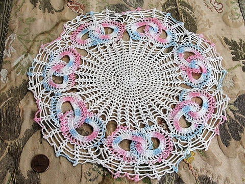 BEAUTIFUL Vintage Doily Pink Blue Love Knots Creamy White Hand Crocheted Doily Farmhouse Decor, Romantic Cottage Decor, Collectible Doilies