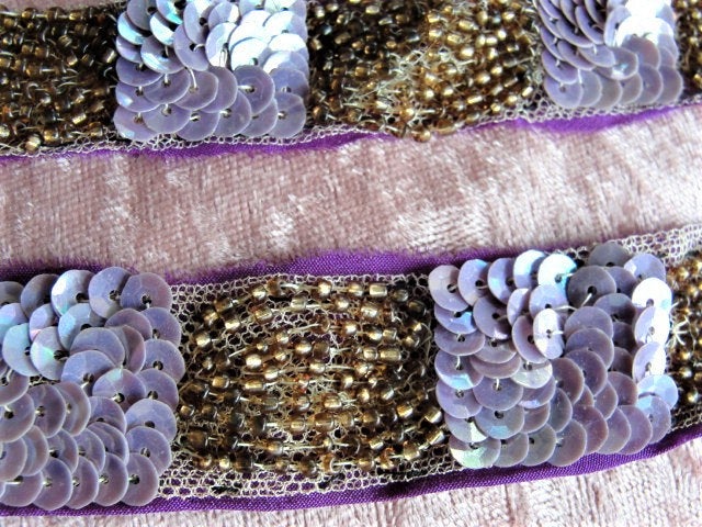 DECADENT Art Deco Flapper Iridescent Beaded Trim Gold Beads lavender Sequins on Netted Lace Vintage French Embellishment,Flapper Headbands