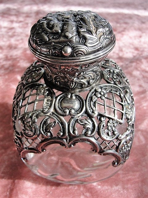 GORGEOUS Antique English Sterling Silver Encrusted Repoussé Work Large Perfume Bottle, Boudoir Vanity Silver, Perfume Bottles,Chateau Decor