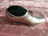 RARE Antique Silver Plate Metal LARGE Pincushion, Figural Pin Cushion,Shoe Shape Pincushion, Vintage Sewing Tool, Victorian Needlework Tools