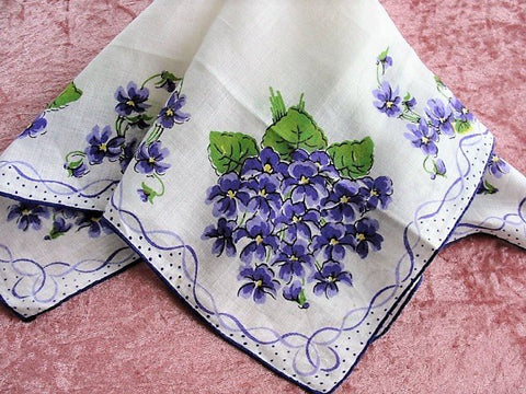 40s VINTAGE Printed VIOLETS Linen Hanky, Colorful Purple Flowers hankie,Handkerchief To Frame,Collectible Hankies,Bridal, Hankies To Collect