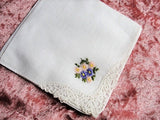 LOVELY VINTAGE HANKIE Handkerchief Delicate Dainty Hand Embroidered Hanky Sweet Raised Flowers Lace Corner Trim Something Old Bridal Gift