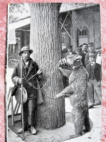 RARE French Postcard of Bear Showman,Dancing Bear,Montreur d'Ours,Street Bear Trainer,Performing Street Bear, Carnival Bear Postcard