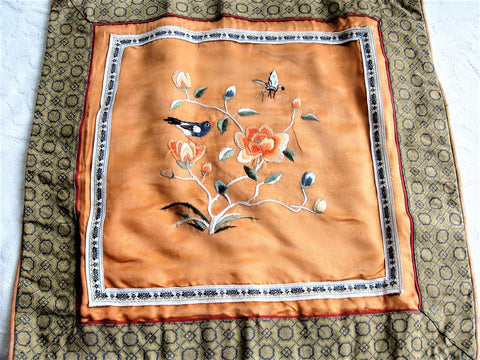 VINTAGE Silk Wall Hanging Textile Chinese Embroidered Flowers,Butterfly, Bird Elegant Mid Century Oriental Asian Decor Collectible Embroidery