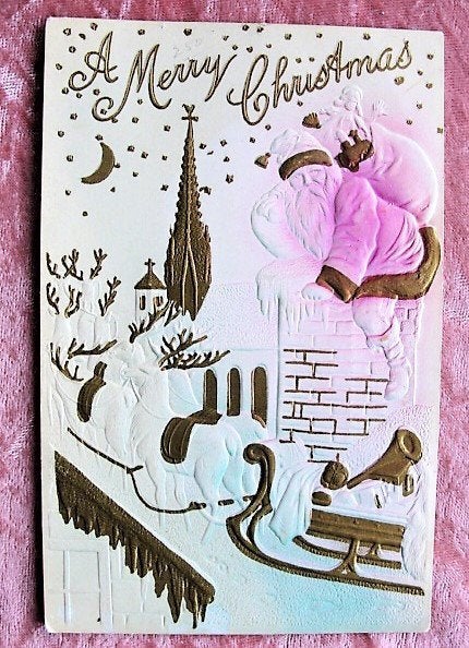 LOVELY Antique Christmas Greeting Postcard SANTA Claus St Nick Heavily Embossed Pink GOLD Decorative Christmas Holiday Decor Greeting Card