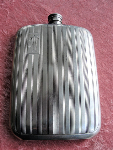 ANTIQUE Large Curved Hip Flask,Pocket Liquor Flask, English Pewter Flask,Gents Art Deco Flask, Mens Vintage Flask,Monogram deW, Gift For Him