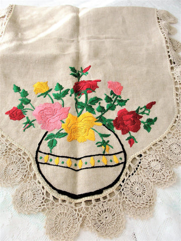 ANTIQUE Linen Runner Dresser Buffet Scarf Table Centerpiece ROSES Embroidery,Natural Linen,Mission Oak Furniture, French Country, Farmhouse