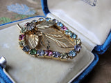 LOVELY Vintage Glittering Pastel Color Rhinestones Brooch,Prong Set,Brilliant Pinks Blues Citrine Rhinestones,Leaf Pin,Collectible Jewelry