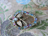 LOVELY Vintage Glittering Pastel Color Rhinestones Brooch,Prong Set,Brilliant Pinks Blues Citrine Rhinestones,Leaf Pin,Collectible Jewelry
