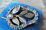 LOVELY Vintage Glittering Pastel Color Rhinestones Brooch,Prong Set,Brilliant Pinks Blues Citrine Rhinestones,Leaf Pin,Collectible Jewelry