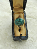 GORGEOUS Antique Ring EGYPTIAN SCARAB Ring Porcelain and Gold ,Hieroglyphics Egyptian Revival Vintage Blue Green Beetle Jewelry,Collectible