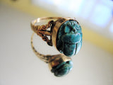 GORGEOUS Antique Ring EGYPTIAN SCARAB Ring Porcelain and Gold ,Hieroglyphics Egyptian Revival Vintage Blue Green Beetle Jewelry,Collectible