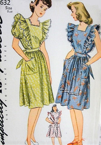 1940s CUTE Ruffled Pinafore APRON or Sundress Pattern Simplicity 4632 Farmhouse Dress ORIGINAL Vintage Sewing Pattern Bust 34 Factory Folded