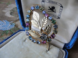 LOVELY Vintage Glittering Pastel Color Rhinestones Brooch,Prong Set,Brilliant Pinks Blues Citrine Rhinestones,Leaf Pin,Collectible Jewelry