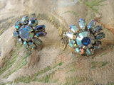 DAZZLING Signed SHERMAN Earrings,Mirror Like Sparkling Aurora Borealis Rhinestone Screw Back Earrings,Collectible Vintage Costume Jewelry