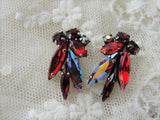 GLAMOROUS Vintage 50s SHERMAN Signed Earrings,RED Aurora Borealis Earrings,Navette Rhinestone Clip On Sherman Earrings,Collectible Jewelry