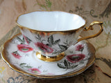 VINTAGE Royal ALBERT English Bone China Sumptuous Wide Teacup and Saucer Lush PINK Flowers Pattern Lavish Gold Trim Pedestal Cup and Saucer
