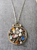 DRAMATIC Art Deco 1920s French Pendant Necklace,Unique Design,Silver and Gold,Flapper Era Necklace,Gem Color Czech Glass Stones,Collectible