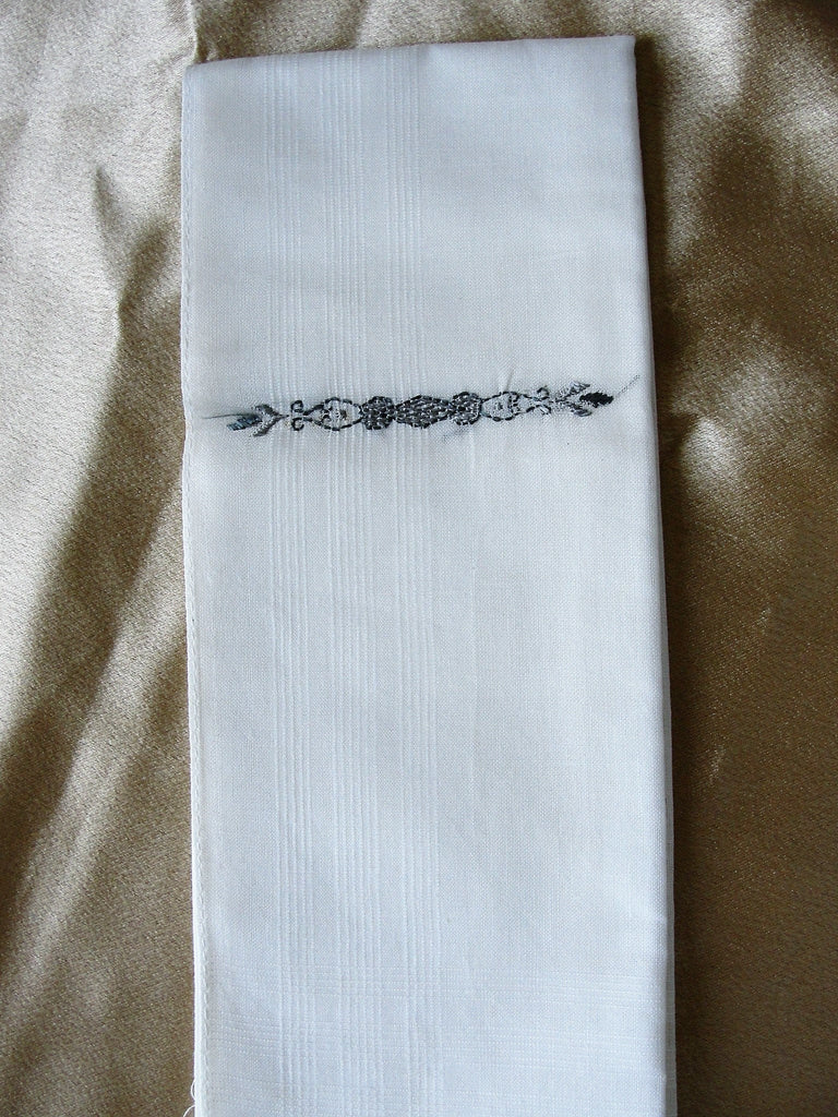 VINTAGE 50s Elegant Mens Gentlemens Handkerchief,Silver Grey Embroidery,Cotton Hankie,Never Used Hanky,Pocket Square,Retro Linens,For Him