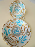 LUXURIOUS Hand Painted Teacup and Saucer,English Bone China Royal Chelsea,Turquoise Enamel and Lush Gold,Bird Motif,Luxurious Cup and Saucer