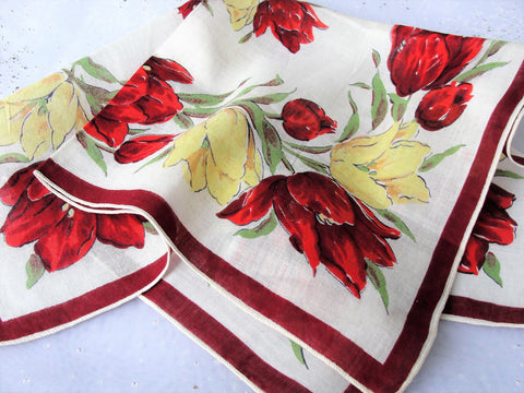 1950s Beautiful VINTAGE Printed Red Yellow Tulips Hanky,Colorful Floral Handkerchief To Frame,Collectible Vintage Printed Hankies,Decorative