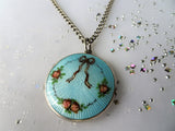 BEAUTIFUL Art Nouveau Enamel Guilloche Locket with Ribbon Bow and PINK Roses,2 Photo Locket,Charming Photo Inside,Romantic Gift