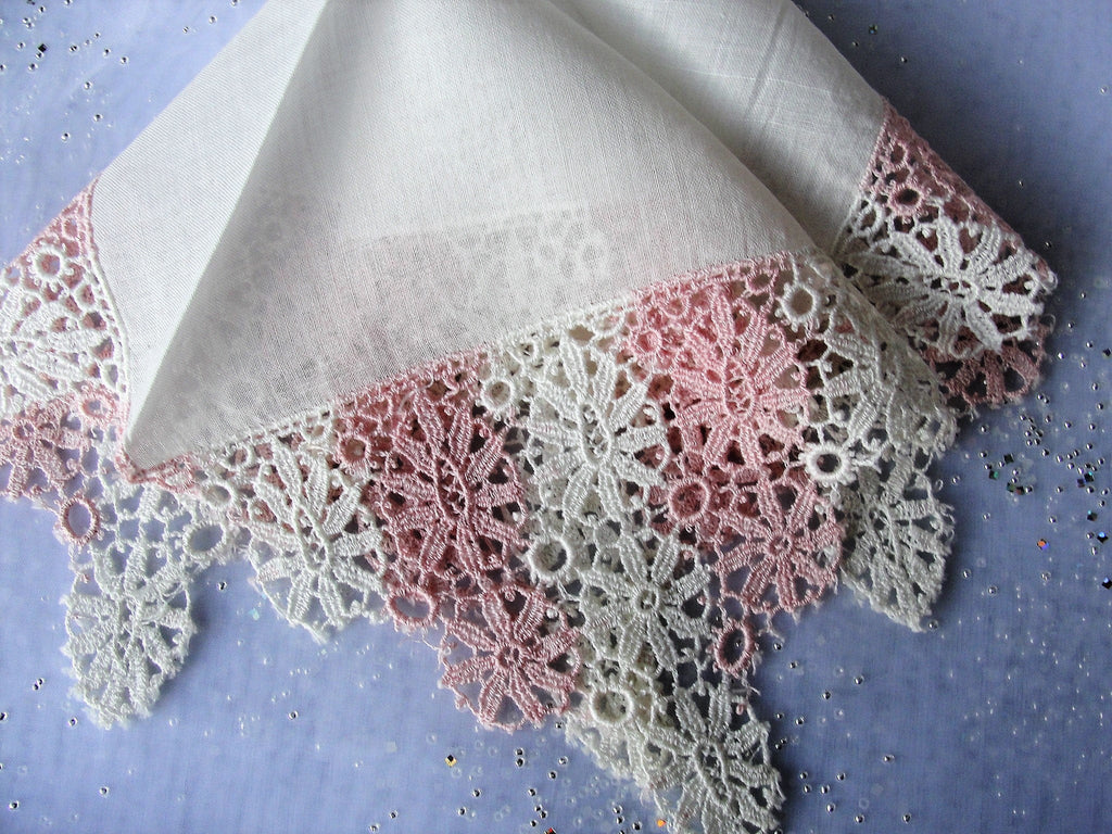 BEAUTIFUL Vintage Lace Hankie,BRIDAL WEDDING Handkerchief,Pink n White Lace Hanky,Wedding Hankies,Something Old Gifts,Collectible Hankies