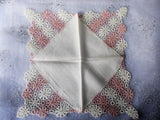 BEAUTIFUL Vintage Lace Hankie,BRIDAL WEDDING Handkerchief,Pink n White Lace Hanky,Wedding Hankies,Something Old Gifts,Collectible Hankies