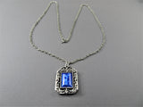 MID CENTURY Lovely Pendant,Unique Design,Mottled Blue Glass,Ornate Silver Tone Metal, Modernist Necklace, Collectible Vintage Jewelry