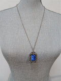 MID CENTURY Lovely Pendant,Unique Design,Mottled Blue Glass,Ornate Silver Tone Metal, Modernist Necklace, Collectible Vintage Jewelry