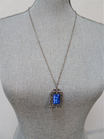 MID CENTURY Lovely Pendant,Unique Design,Mottled Blue Glass,Ornate Silver Tone Metal, Modernist Necklace, Collectible Vintage Jewelry
