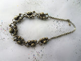 GORGEOUS Mid Century Necklace, Sparkling Faceted Crystal Stones,Blues,Champagne, Ab Stones,Intricate Silver Tone Metal, Collectible Jewelry