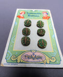 LOVELY 20s Antique BUTTONS,Set of 6 Czech Glass Green Gold Tiny Buttons on Card,Art Deco Flapper Era,DOLL Size,Collectible Vintage Buttons