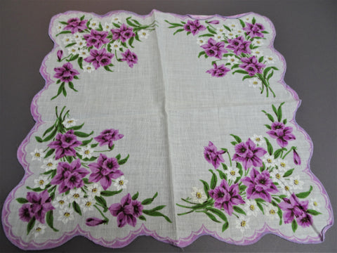 50s VINTAGE Printed Floral Hanky,Colorful Purple Flowers Hankie,Handkerchief To Frame,Collectible Hankies,Bridal Hankies To Collect