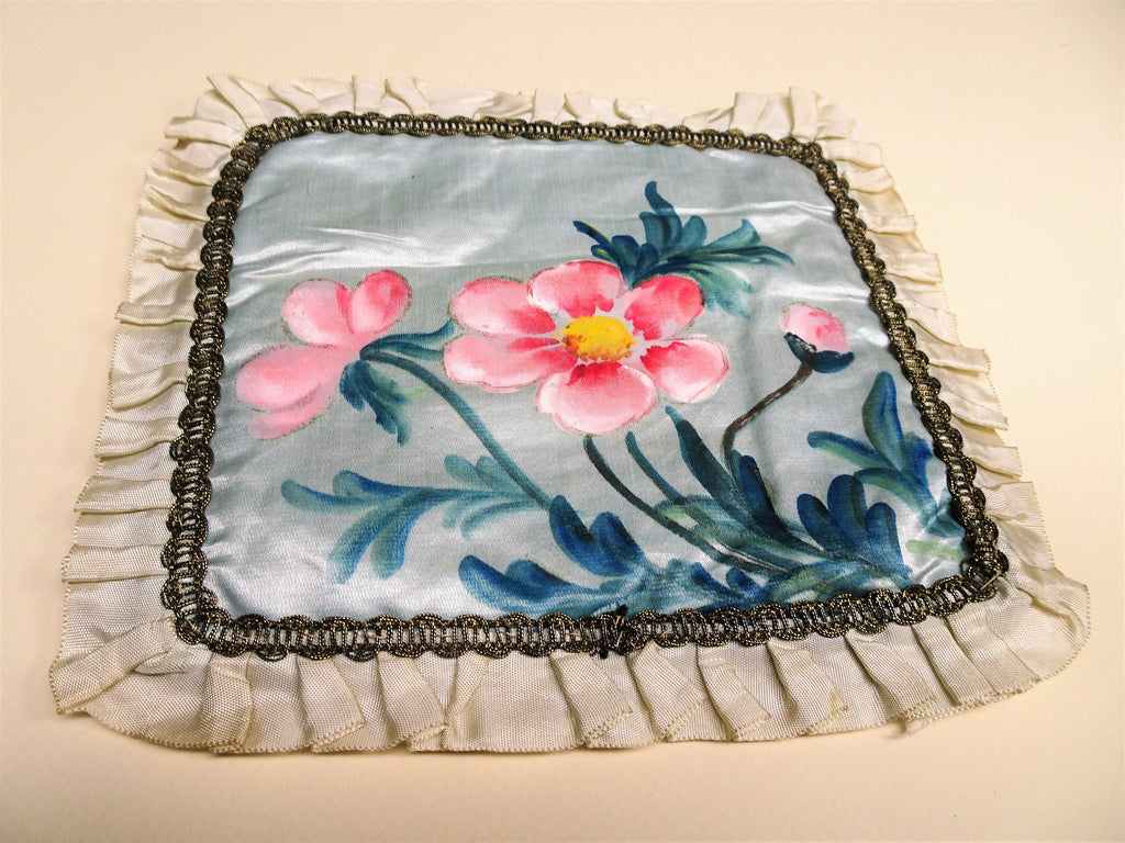 Antique FRENCH HANKY HOLDER Case,Hand Painted Pink Roses Handkerchief Fold,Hankie Keeper,Lingerie Case,Boudoir Hankies Display,French Decor