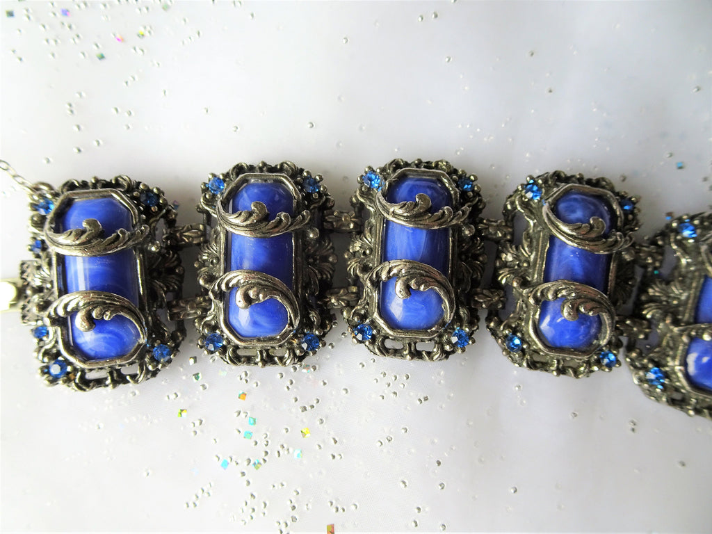 GORGEOUS Art Deco Bracelet,Art Glass Silver Metal Bracelet,Ornate Bracelet,Wide Cuff Bracelet,Blue Slag Glass,Collectible Vintage Jewelry