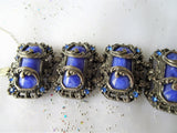 GORGEOUS Art Deco Bracelet,Art Glass Silver Metal Bracelet,Ornate Bracelet,Wide Cuff Bracelet,Blue Slag Glass,Collectible Vintage Jewelry