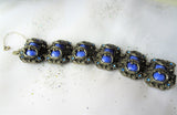 GORGEOUS Art Deco Bracelet,Art Glass Silver Metal Bracelet,Ornate Bracelet,Wide Cuff Bracelet,Blue Slag Glass,Collectible Vintage Jewelry